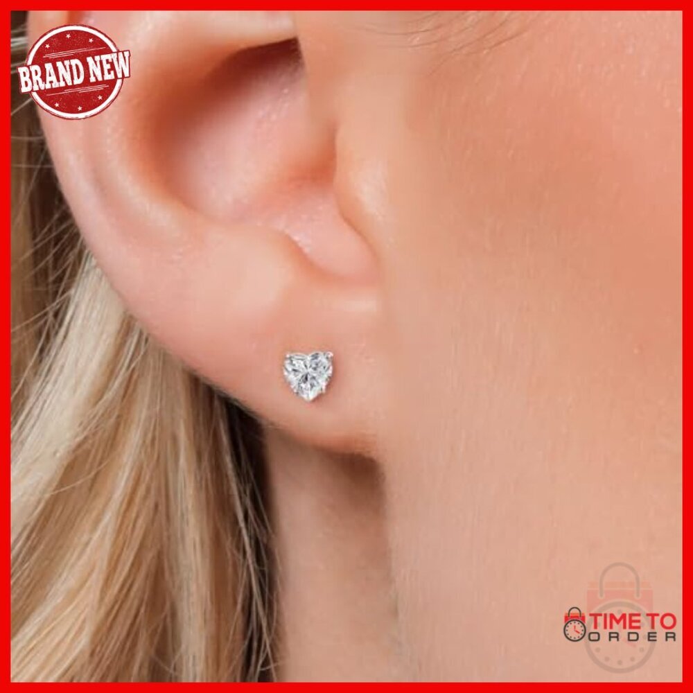 14k White Gold Heart Gemstone Stud Earrings, 4mm, Hypoallergenic View 3